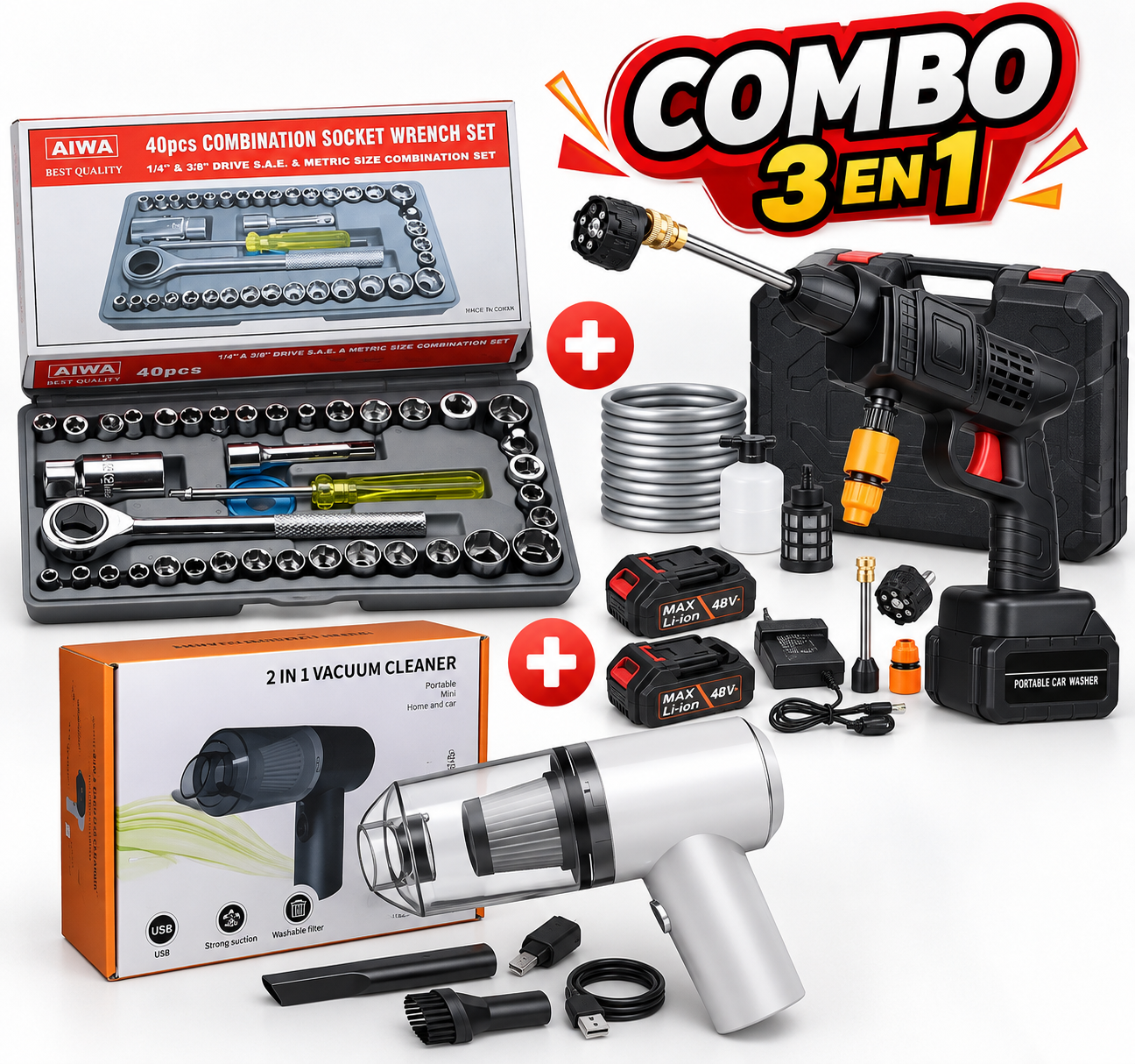 Combo 3 en 1: Hidrolavadora Portátil 48V + Juego de Rachets 40 Pzs + Aspiradora Inalámbrica 2 en 1 - Imagen 2