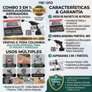 Combo 3 en 1: Hidrolavadora Portátil 48V + Juego de Rachets 40 Pzs + Aspiradora Inalámbrica 2 en 1