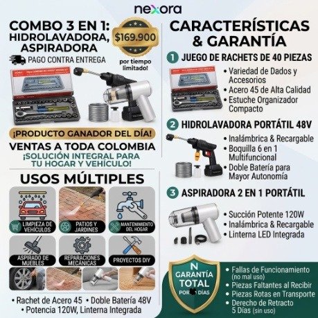 Combo 3 en 1: Hidrolavadora Portátil 48V + Juego de Rachets 40 Pzs + Aspiradora Inalámbrica 2 en 1