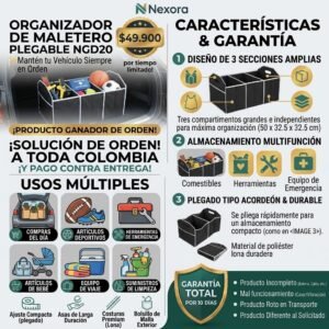 Organizador de Maletero Plegable para Vehículo – 3 Compartimentos y Lona Alta Resistencia
