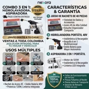Combo 3 en 1: Hidrolavadora Portátil 48V + Juego de Rachets 40 Pzs + Aspiradora Inalámbrica 2 en 1